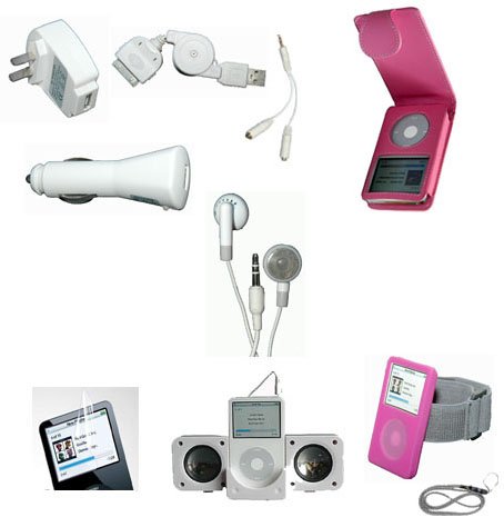 41%2BhvvBSBGL. SL500  11 piece FULL ACCESSORY BUNDLE SET for iPod Video Classic 30GB 80GB Pink Leather Case + Pink Silicone Skin Case + Armband + Neck String +Foldable Speaker +USB WALL Charger + USB Car Charger + USB retractable data/charging cable + Stereo Headphone+ Screen Protector + Headphone Splitter