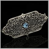 10k White Gold Filigree Created Sapphire Antique Brooch / Pin