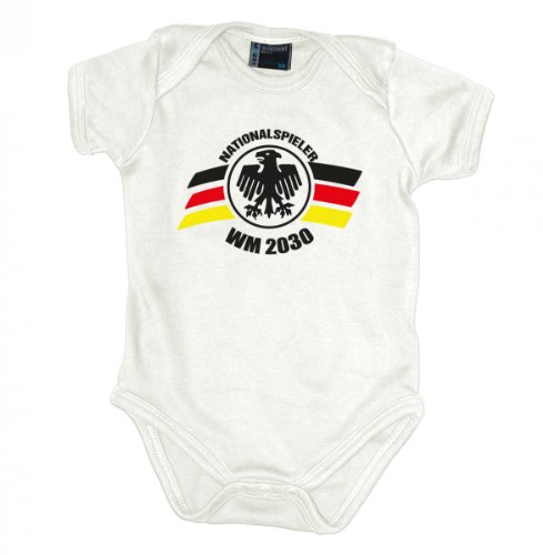 Nationalspieler WM 2030 Babybody kurzarm s-r-g-print, Grösse:68;Farbe:weiss