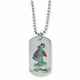 Stainless Steel Ed Hardy Painted Geisha Dog Tag 24inch Necklace - JewelryWeb