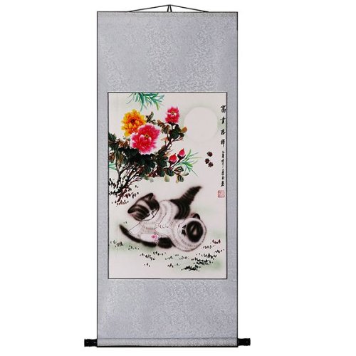 EXP Handmade Peony & Kittens Scroll Wall Art 