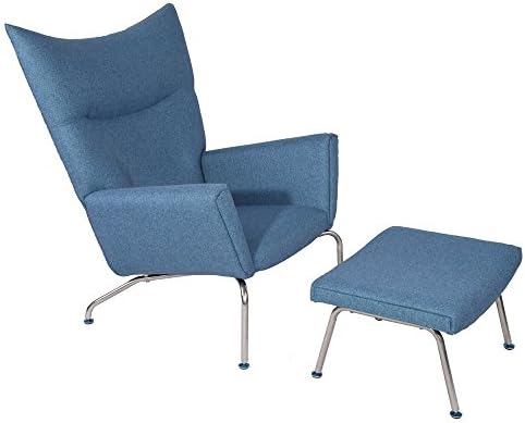 MCM Hans J Wegner Style Wing Chair and Ottoman Pavilion Stool,Azure Houndstooth Twill Premium Cashmere Wool,Stainless Steel Frame,Modern Classic Design