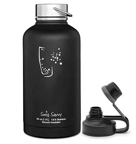 Swig Savvy s Bottles Stainless Steel Insulated Water Bottle and Beer Growler wide Mouth 64 oz Capacity Double Wall Design for Hot and Cold Beverages Includes 2 Interchangeable Caps