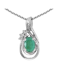 Birthstone Company 14k White Gold Oval Emerald And Diamond Teardrop Pendant with 18" Chain