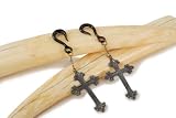 Pair of Horn & Brass Fluer-Di-Lis Cross Dangle Earrings 0 Gauge (8mm)