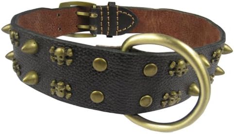 Lifeful Genuine Leather Skull Studded and Spiked Dog Collar, Double Pin Buckle, Black, Large, 1.7" Wide, for 19" -24" Neck, 16 Skulls and 16 Spikes