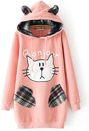 Aushuran Womens Cute Plaid Embroidery Long Cat Ears Fleece Hoodie Sweatshirt (Pink)