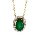 14k Gold 18" Thin Chain & 5/16" (8mm) tall Oval Pendant, w/ 0.07 Carat Brilliant Cut Diamonds & 0.46 Carat Oval Cut Emerald Stone
