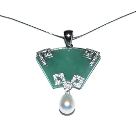 Jade Fan with Cubic Zirconia and Freshwater Cultured Pearl Drop Pendant, 18 by