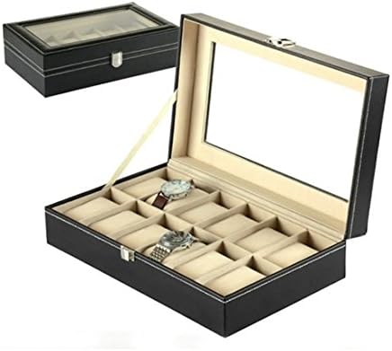 Reebonz Large Watch Box 12 Mens Black Leather Display Glass Wood Top Jewelry Case Organizer