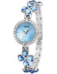 KIMIO K456L Ladies Quartz Bracelet Wristwatch Lucky Grass Flower Diamond Wrist Watch Daily Waterproof Stainless Steel Blue