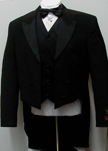 New Mens Black High Quality Super 150s Tuxedo with Tails - Five Piece (5pc) Complete Package - Jacket, Vest, Pants, Tuxedo Shirt, and Satin Bow Tie Included