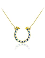 14k Gold White Diamond & Blue Sapphire Good Luck Charm Horseshoe Necklace