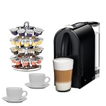                     						Nespresso U D50 Espresso Machine in Pure Black w/ 2 Update International 13 Oz White Tiara Cappuccino Cups and Nifty Nespresso Coffee Carousel