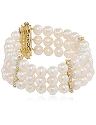 Yellow Gold Plated Sterling Silver Created White Sapphire and Freshwater Cultured Pearl Bracelet, 7"