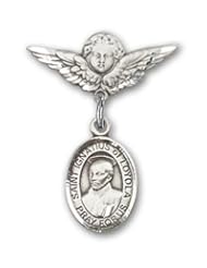 Sterling Silver Baby Badge with St. Ignatius Charm and Angel with Wings Badge Pin