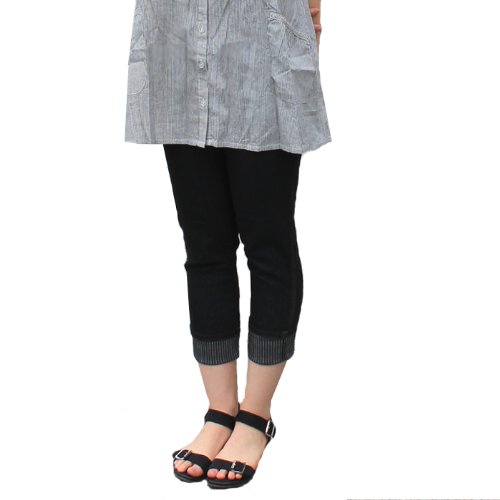 超美脚 デニムレギンスパンツ ロールアップ[裾ストライプ]7分丈