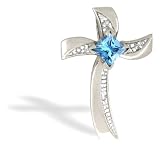 14K White Gold Genuine Square Blue Topaz and Diamond Cross Pendant