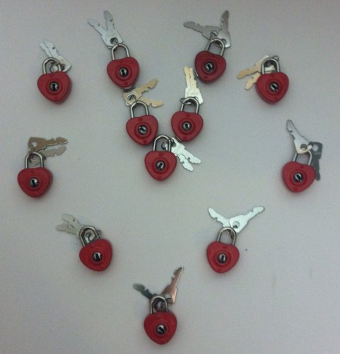 12 red heart shaped locks with keys, party favor