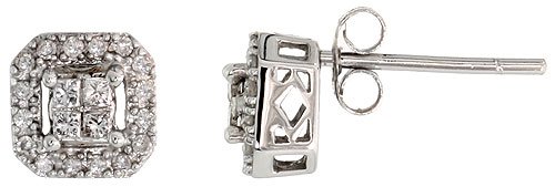 14k White Gold Square Diamond Earrings, w/ 0.30 Carat Brilliant Cut & Invisible Set Diamonds, 1/4 (7mm)