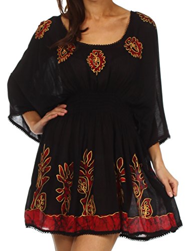 Sakkas 982 Embroidered Batik Gauzy Cotton Tunic Blouse - Black / Red - One Size