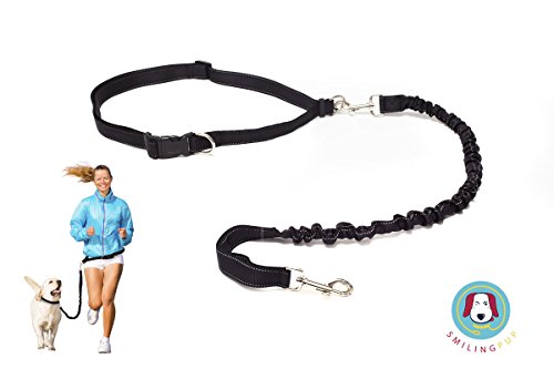 Smiling Pup Hands Free Dog Leash, Premium Running Dog Leash, Lightweight Reflective Bungee Dog Leash, Jogging Walking Waist Belt Dog Leash (48 inch - Black)