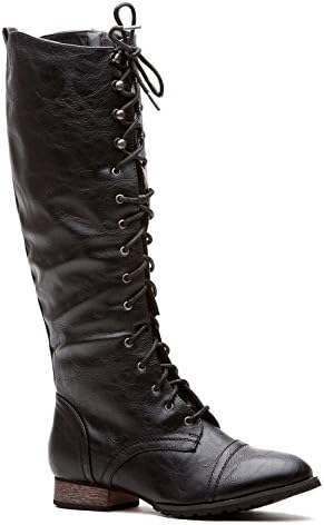 Women's Combat Boots Flat Knee High Lace up Strap Combat Army Boots Black (5.5)