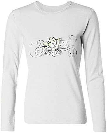 WAWPU Women's Tattoo Flower Lotus Print Long Sleeve T Shirt sizekey White