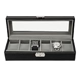 Watch Box 6 Mens Black Leather Display Glass Top Jewelry Case Organizer
