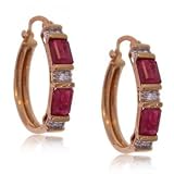 Ladies Solid Yellow Gold Hoop Earrings Ruby & Diamonds