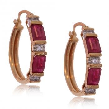 Ladies Solid Yellow Gold Hoop Earrings Ruby & Diamonds