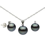 9-10mm Freshwater-cultured Pearl with .09ctw Diamond Necklace Earring Set with 18