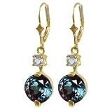 10k Yellow Gold Created Alexandrite and White Topaz Leverback Earrings