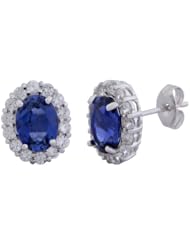 Sterling Silver Created Blue and White Corundum Oval Earrings