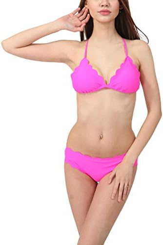 MiYang Women's Solid Color Self-Tie Floral Side Halter Neck Bikini Set Swimwear Swimsuit 0L Pink
