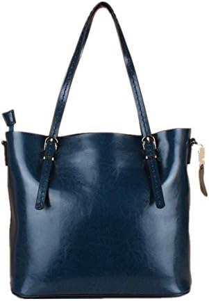 JJ Fashion 2016 Cow Leather Bucket Style Tote Handbag Women Shoulder Bag Blue