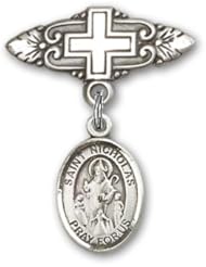 Sterling Silver Baby Badge with St. Nicholas Charm and Badge Pin with Cross