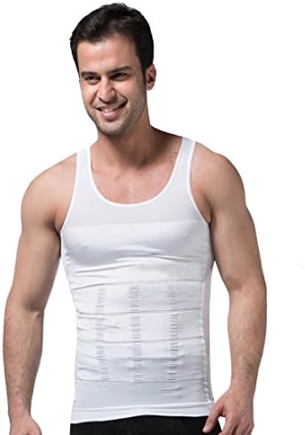 Men's Shaper Slimming Shirt Elastic Sculpting Vest Lose Weight Underwears (L, White)
