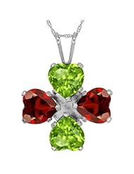 3.46 Ct Heart Shape Green Peridot Red Garnet 925 Sterling Silver Pendant 18"