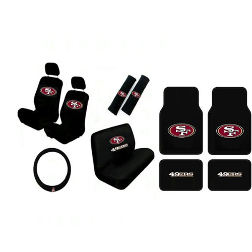 15 Piece NFL Auto Interior Gift Set - San Francisco 49ers - A Set of 2 Seat Covers, 1 Rear Bench Cover, 1 Steering Wheel, A Set of 2 Seat Belt Pads, and A Set of 4 Plush Carpet Floor Mats