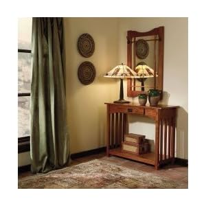 Entryway Console Sofa Table with Mirror Set in Mission Oak Finish