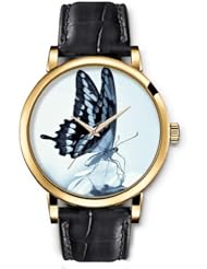 Analog Gold Ladies Girls Watches Black Leather Wristband - Butterfly