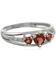 Silver Three Heart Shape Garnet with 0.018 cttw Diamonds Ring, Size 7