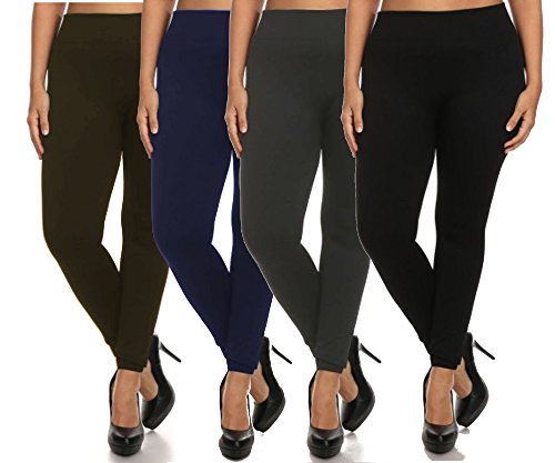Women's Plus Size Basic Leggings 1X/2X - 4 pack (Black, Brown, Charcoal and Navy)