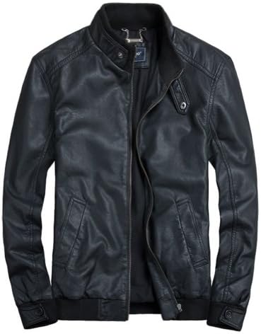 THOOO Men's Chic Motorcycle Stand Collar Designer Leather Blazer Black M