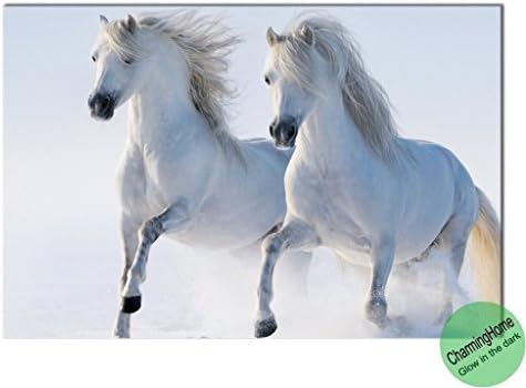 Wall Decoration for Living Room Wall - Glow in the Dark Running White Horses Canvas Painting - Panel Wall Painting Stretched Canvas - 15.74x23.62 Inches by CharmingHome