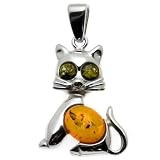 Certified Genuine Multicolor Amber and Sterling Silver Cat Pendant