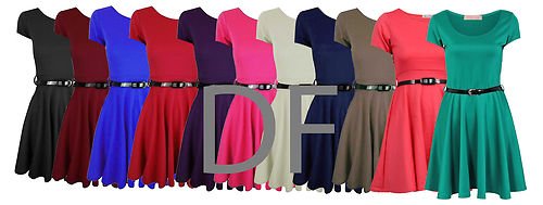 mymixtrendz Women's Cap Sleeves Skater Dress with Belt Frankie Flare Top