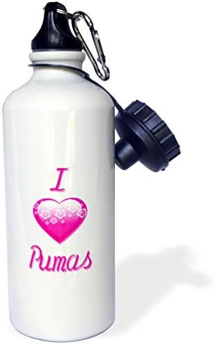 3dRose Pretty Pink Flowery I Love Pumas Sports Water Bottle, 21 oz, White