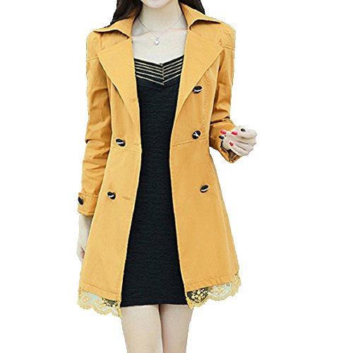 かさなる影花日 レディース アウター コート ダブルブレスト 裾レース ベルト付 コットン ハーフ丈 春 秋 スリム エレガンス （カーキ イエロー ピンク グリーン ブラック 全5色)